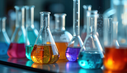 Colorful lab glassware filled with various liquids neatly arranged on table. Different chemical solutions create spectrum of vibrant colors. Science research in laboratory. Scientific experiment.