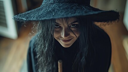 Mysterious figure wearing a witch hat and dark attire in a cozy room with wooden floor and warm lighting