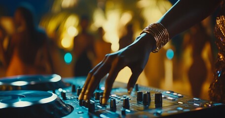 At a New Year party festival, a Dj mixes outdoors amidst a crowd, offering a nighttime view of a club under the open sky. The camera lingers softly on a bracelet and hand, highlighting the fun,
