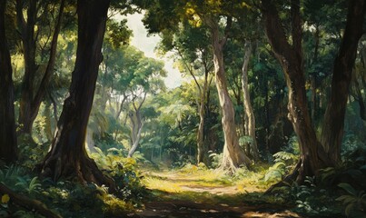 Obraz premium Image of Pterocarpus macrocarpus in a shaded area of the forest, foliage, evergreen trees, forest landscape