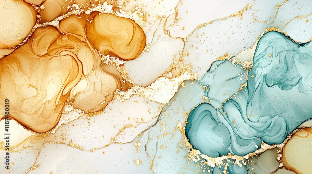 Poster elegant abstract swirls of gold and turquoise fluid art with smooth patterns and stunning color blen