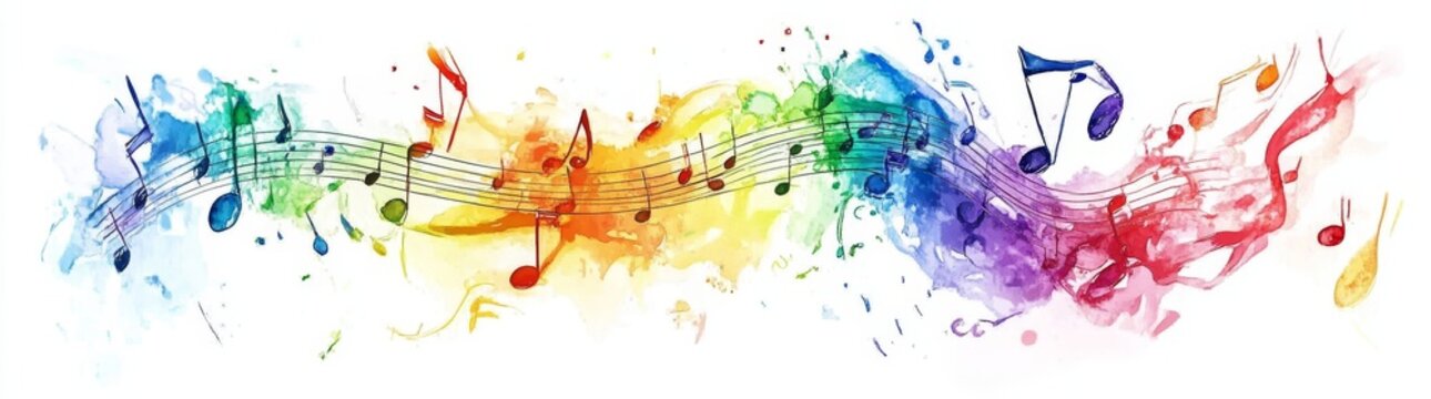 Music note symbols in a range of hues: pink, red, orange, yellow, green, blue, cyan, purple, and violet. Hand-painted watercolour art, suitable as isolated clipart for design, patterns, and stickers.