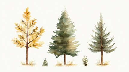 Fototapeta premium Varieties of Pine Trees Illustrated with Watercolor in Soft Earthy Tones on a Light Background