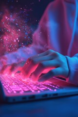 Hands type on a glowing keyboard surrounded by colorful, shimmering particles