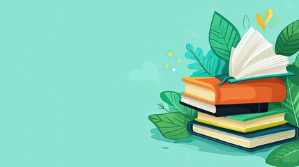 Colorful stack of books with vibrant leaves, showcasing a love for reading and nature