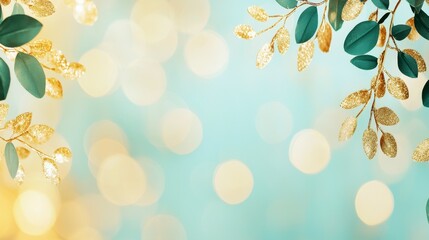 Obraz premium Elegant Gold and Green Leaves with Shimmering Bokeh Background for Festive Occasions