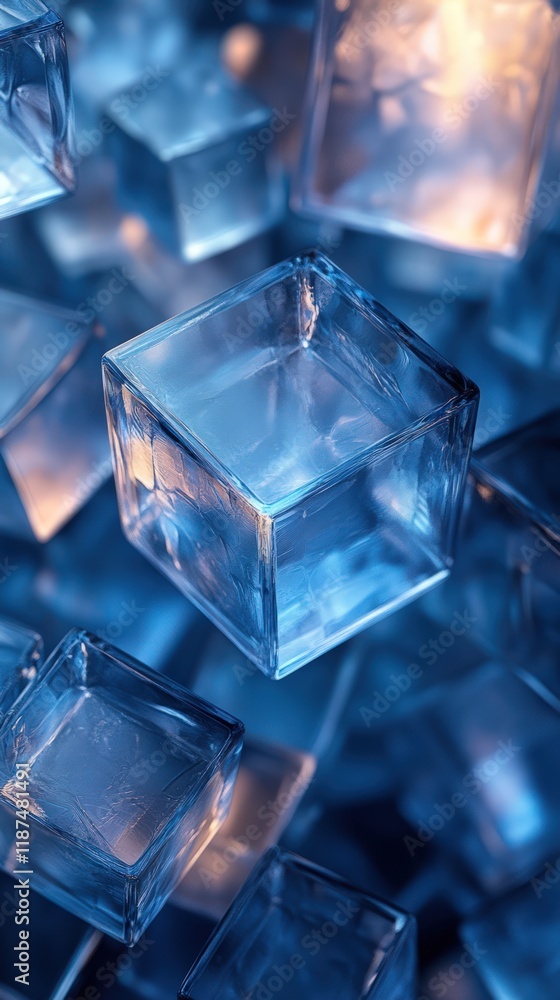 Poster close-up of translucent blue ice cubes, some in focus, others blurred, creating a dynamic visual.