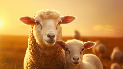 Obraz premium A mother sheep and her lamb bask in the warm glow of the sunset, creating a serene meadow scene.
