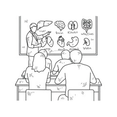 Simple sketch drawing of a  teacher is teaching his students Biology lessons in a class at school. Education themes in simple sketch concept design vector and good for presentation education purpose.