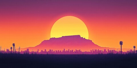 Obraz premium Stunning Vibrant Sunset over Mesmerizing Desert Landscape with Silhouetted Cactus and Mountain Against Colorful Sky in Warm Hues of Orange and Purple