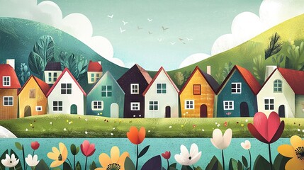   Houses in field with flowers & water