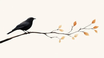 Obraz premium Black Bird Perched on a Branch with Autumn Leaves Against a Soft Neutral Background