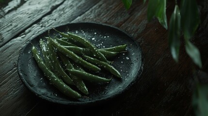 Obraz premium A close-up of raw green beans with morning dew, placed in a matte black dish on a textured dark wood table, cinematic lighting, photo-realistic style