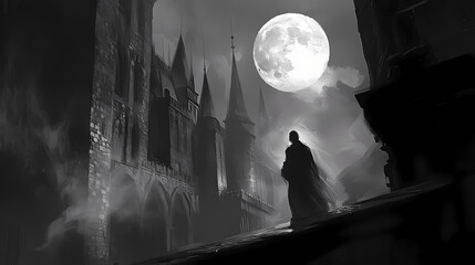 In shakespeare's hamlet the ghost of king hamlet: a translucent, eerie image of the ghost of king hamlet wandering the battlements of elsinore castle in the moonlight. Shadowspire. Illustration