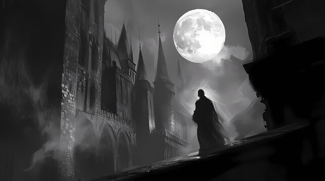 In shakespeare's hamlet the ghost of king hamlet: a translucent, eerie image of the ghost of king hamlet wandering the battlements of elsinore castle in the moonlight. Shadowspire. Illustration