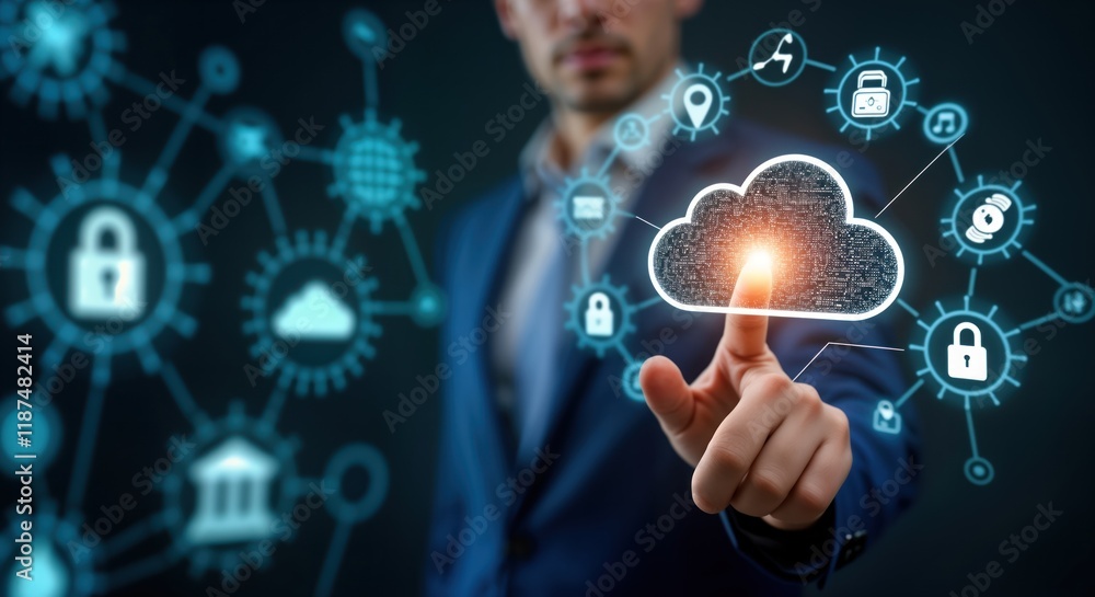 Poster businessman interacts with cloud tech infographic. hand touches digital cloud computing icon. cloud 