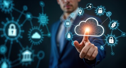 Businessman interacts with cloud tech infographic. Hand touches digital cloud computing icon. Cloud storage shows lifestyle data like banking, shopping. Secure tech concept. Global network access.