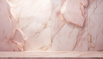 Pink and white product mock up scene, soft rose marble backdrop with a gold veins