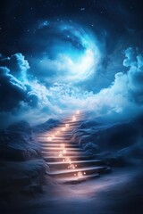 A glowing stairway winds up into a serene sky filled with clouds