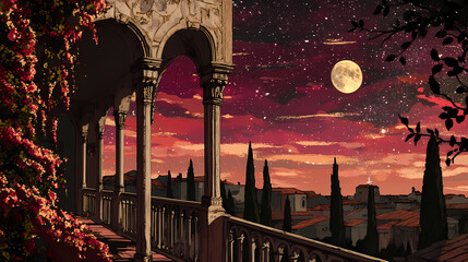 Original balcony of romeo and juliet under a starry verona sky, verona, italy, romeo and juliet, balcony. Shadowspire. Illustration