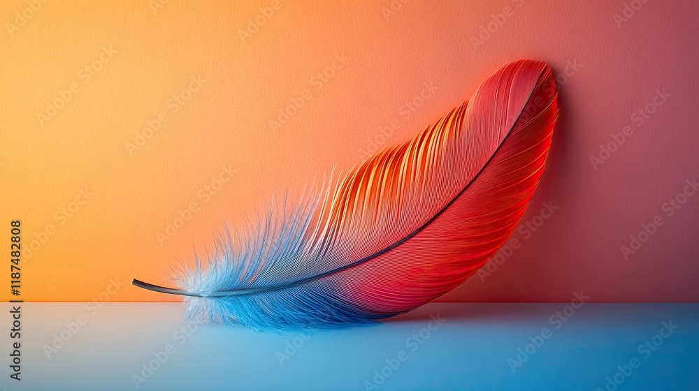 Poster colorful feather resting on a vibrant gradient background with soft lighting at an artistic studio