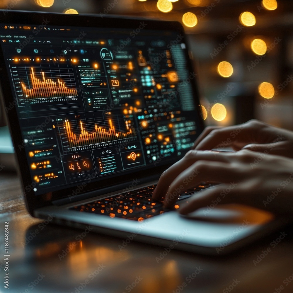 Poster a person uses a laptop displaying data visualization dashboards and analytics at night. ideal for sh