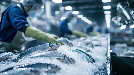 Industrial Fish Processing Line with Workers Handling Fresh Fish on Ice