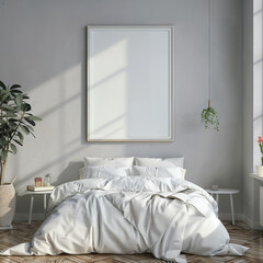 Frame mockup in interior. Cozy bedroom with empty poster frame and mirror on grey wall and white bed. Sunset light