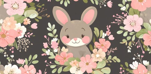 Spring seamless pattern featuring floral design and adorable bunnies, along with an array of different flowers and plants, making it perfect seasonal wallpaper
