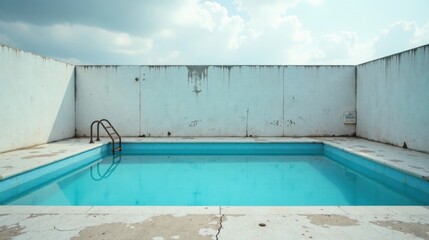 A deserted rectangular swimming pool with turquoise water, enclosed by aged white walls and a rusty metal ladder