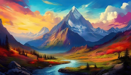 Striking Mountain Panorama Majestic Mountain Peaks Bathed in Warm Alpine Glow, Depicting the Sublime Beauty of Natures Grandeur