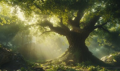 Ancient Majestic Tree in Verdant Forest Sunlight