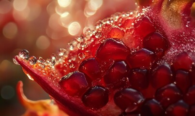 Close-up of a Dew-Covered Red Pomegranate