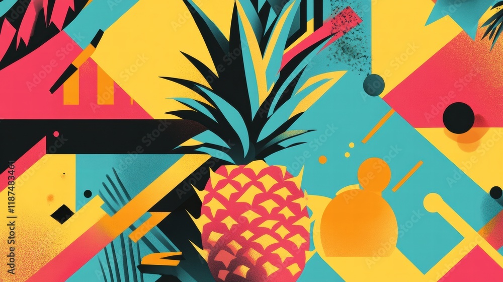 Aufkleber Colorful abstract geometric design featuring a vibrant pineapple against a playful background of shapes and patterns. Generative AI