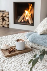 A cozy indoor atmosphere by the fireplace with a hot drink and soft textiles present