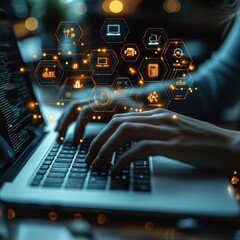 A developer interacts with a holographic interface showcasing various software development tools and resources. Ideal for illustrating innovative coding platforms or tech education.
