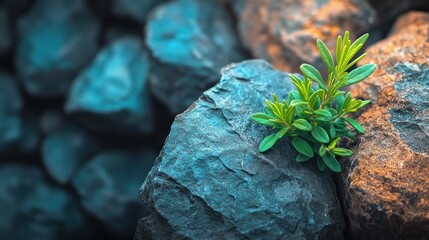 Plant growing through rocks, dark stones background, for growth concept.