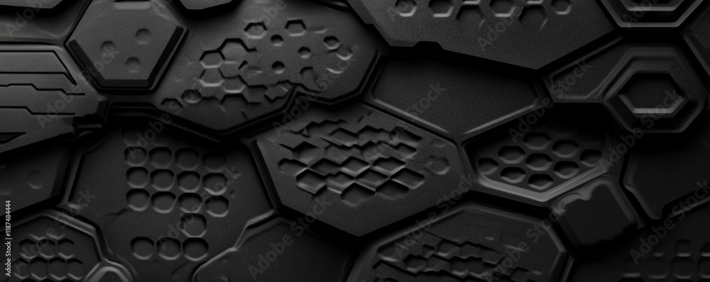 Poster a 3d black geometric abstract background with overlapping layers set against a dark space, featuring
