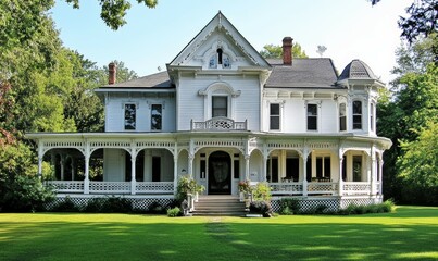 Obraz premium Elegant White Southern Style House With Wrap Around Porch