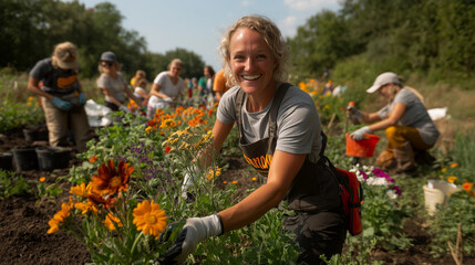 Smiling woman planting flowers in a community garden