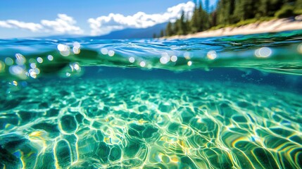   A body of water with numerous bubbles on top and trees in the backdrop