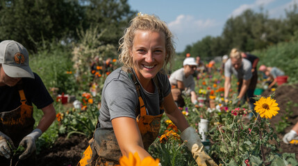 Smiling woman gardening in vibrant flower field