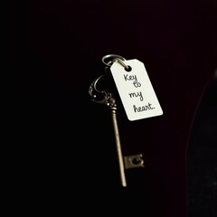 A romantic close-up of a vintage key on a velvet pillow, a tiny 'Key to my heart' tag attached. 