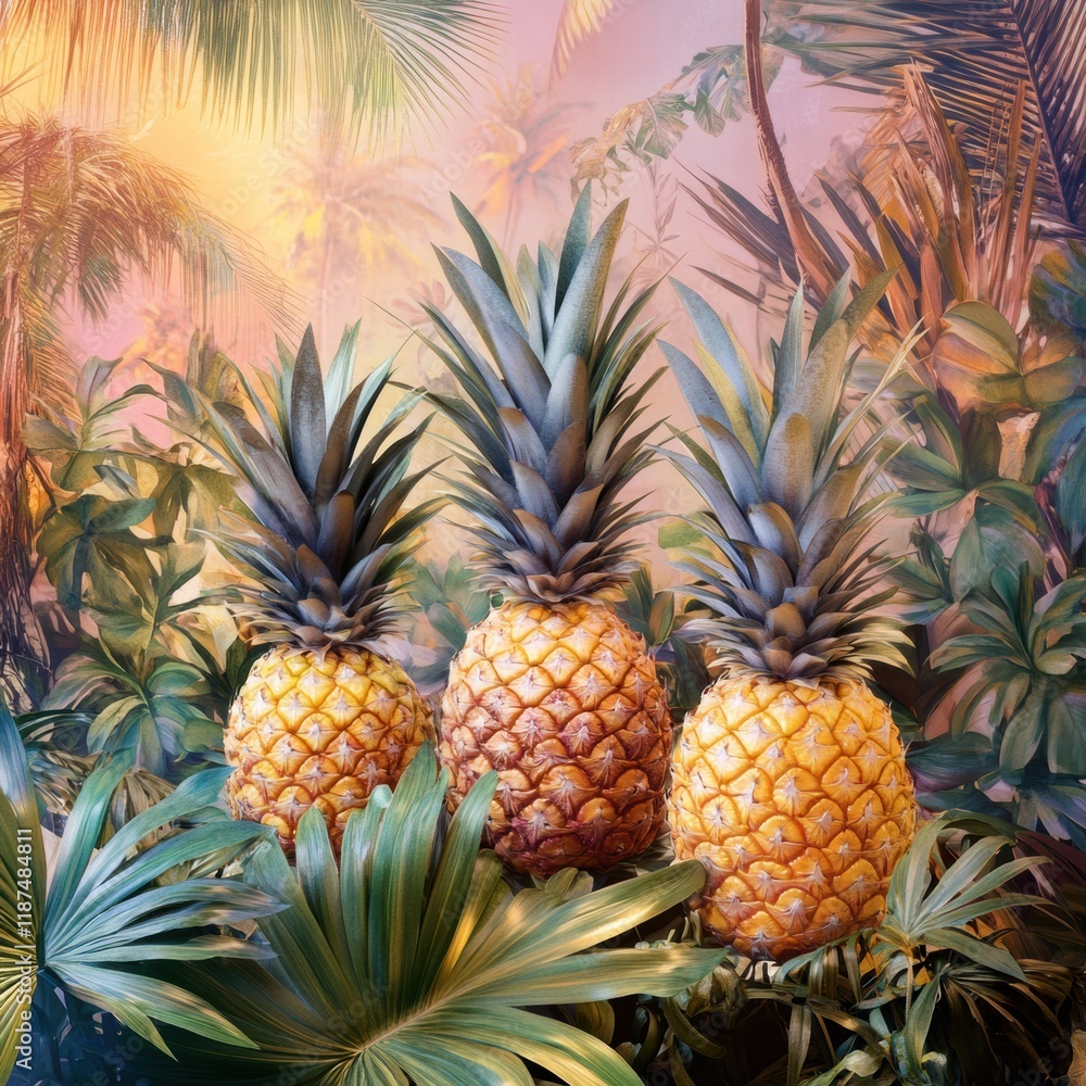 Poster vibrant cluster of pineapples amidst tropical palms under a colorful sunset backdrop in a lush parad