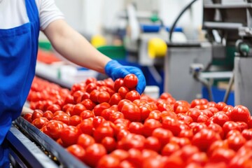 Bright red tomatoes are being sorted for quality inspection and processing on a conveyor belt