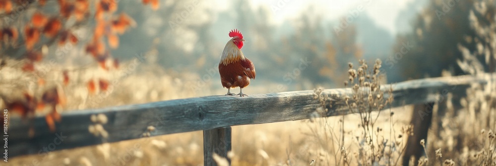 Aufkleber Rooster standing proudly on a rustic wooden fence in a serene countryside setting during golden hour. Generative AI