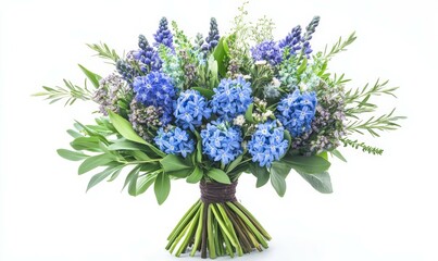 Fototapeta premium Colorful bouquet of blue hyacinth flowers with greenery and flowers, floral arrangement, mixed flowers, white background