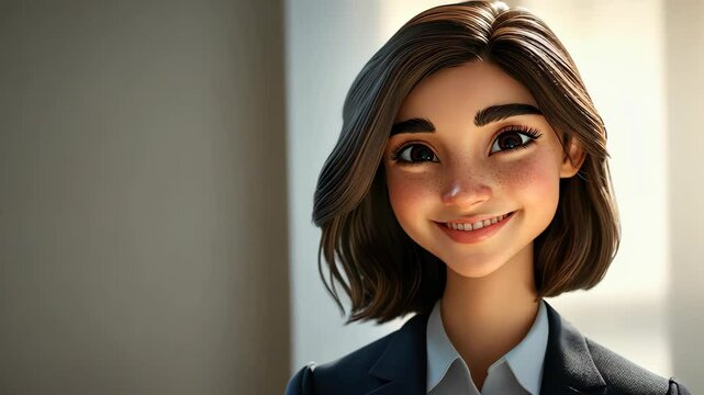 A modern female avatar radiates professionalism and warmth, exuding confidence in business casual attire and a friendly smile.