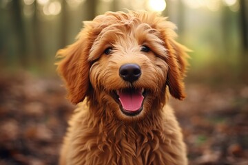 Fototapeta premium Happy Multigen Goldendoodle Puppy Playing in Golden Retriever's Coat