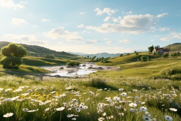Fototapeta premium Serene countryside landscape featuring a winding river and blooming wildflowers under a clear blue sky